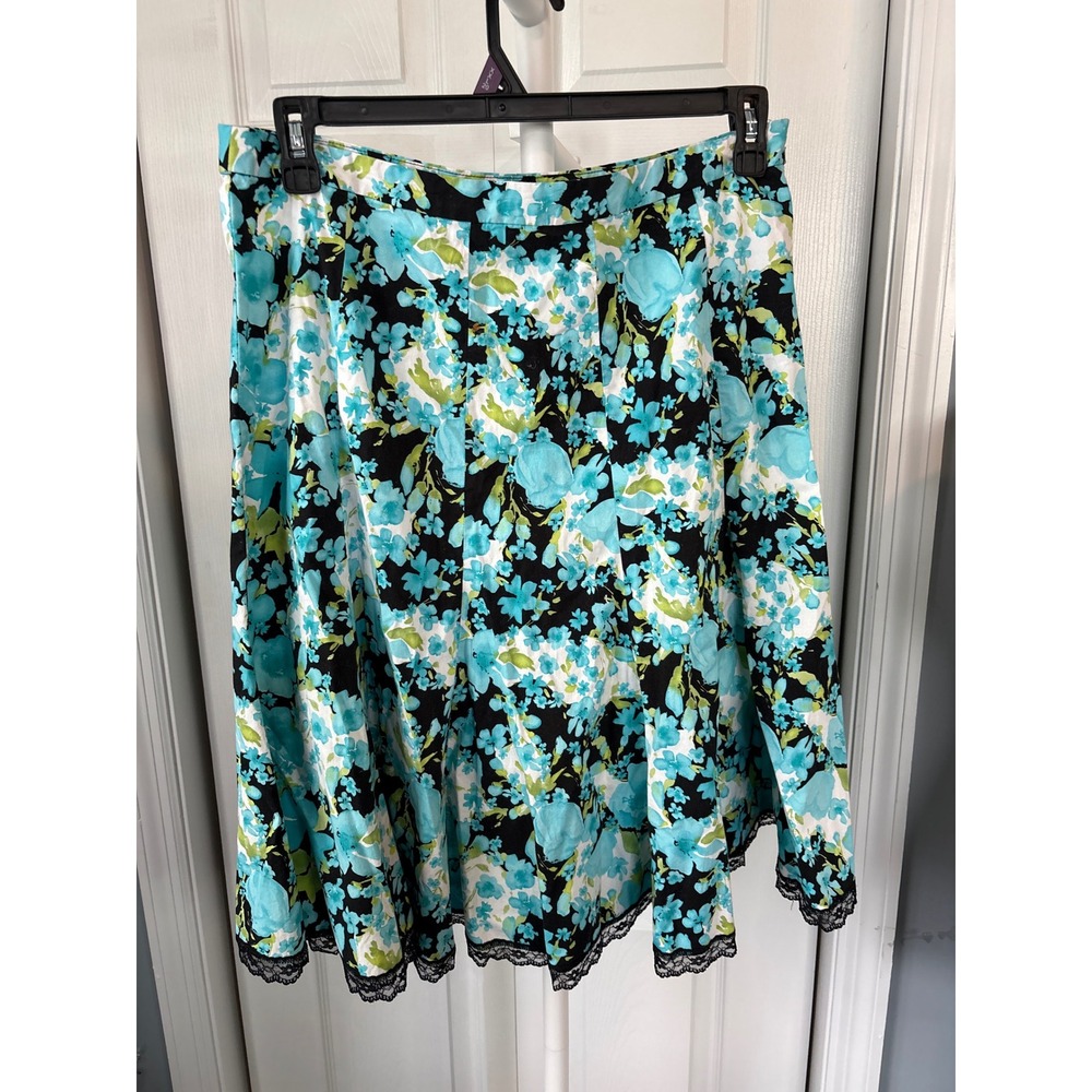 Floral Print Lace Trim Skirt Turquoise Aqua Black Green Flared Knee Length